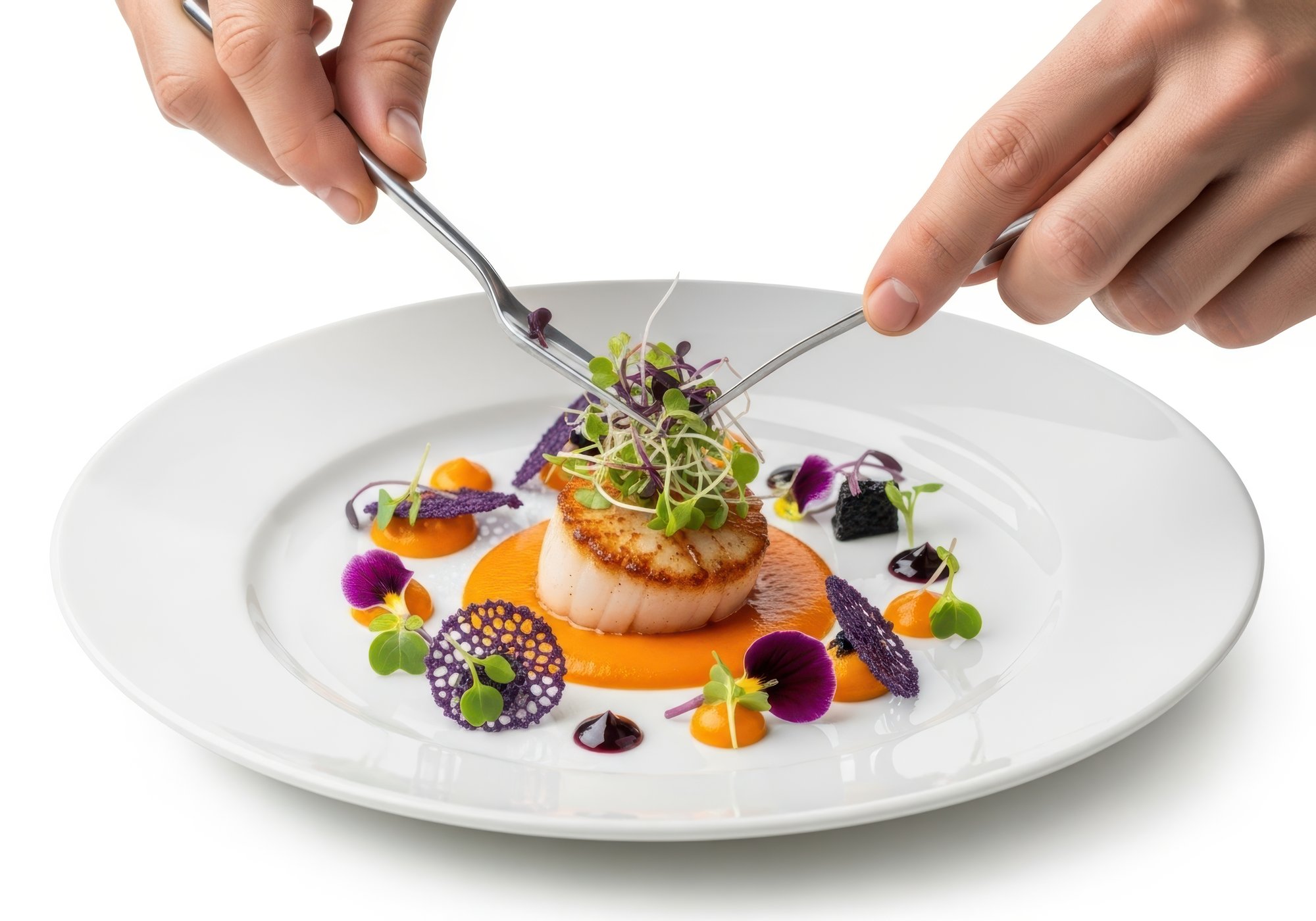 Chef al lavoro su un piatto raffinato, dettaglio delle mani